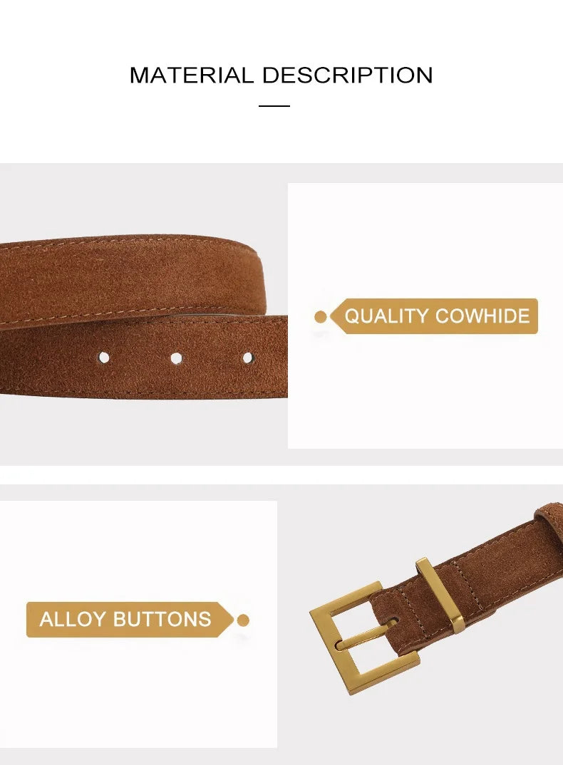 Ceinture Femme en Cuir Suédé – Boucle Carrée Dorée Élégante, Style Décontracté Chic