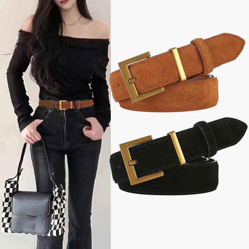 Ceinture Femme en Cuir Suédé – Boucle Carrée Dorée Élégante, Style Décontracté Chic