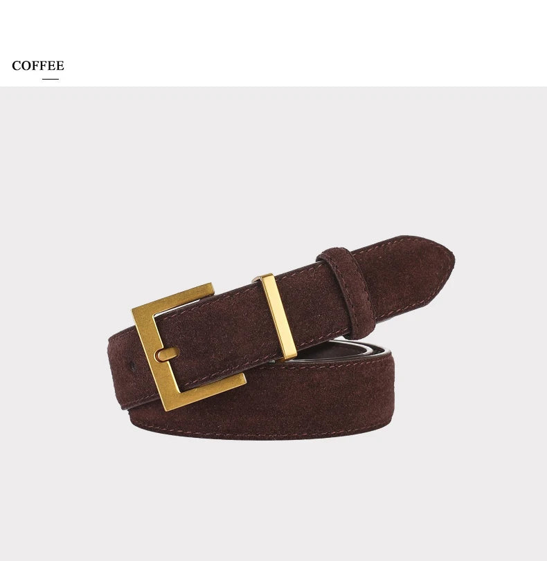 Ceinture Femme en Cuir Suédé – Boucle Carrée Dorée Élégante, Style Décontracté Chic