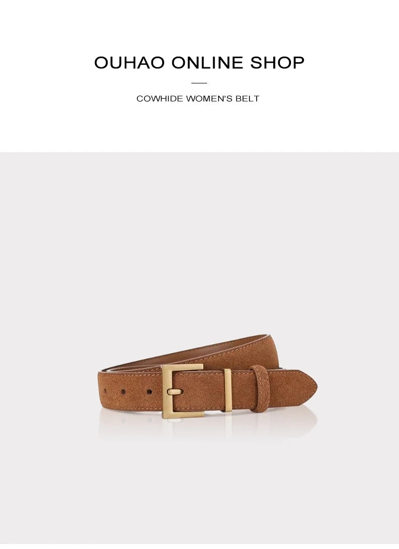 Ceinture Femme en Cuir Suédé – Boucle Carrée Dorée Élégante, Style Décontracté Chic
