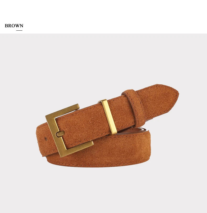 Ceinture Femme en Cuir Suédé – Boucle Carrée Dorée Élégante, Style Décontracté Chic