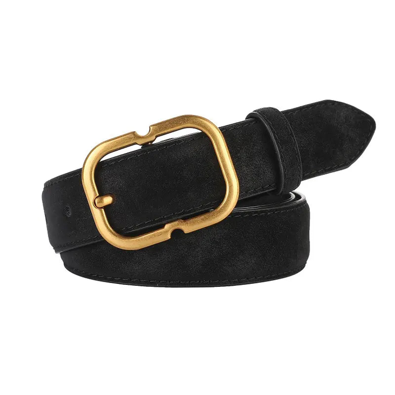 Ceinture Femme en Cuir Suédé – Boucle Carrée Dorée Élégante, Style Décontracté Chic
