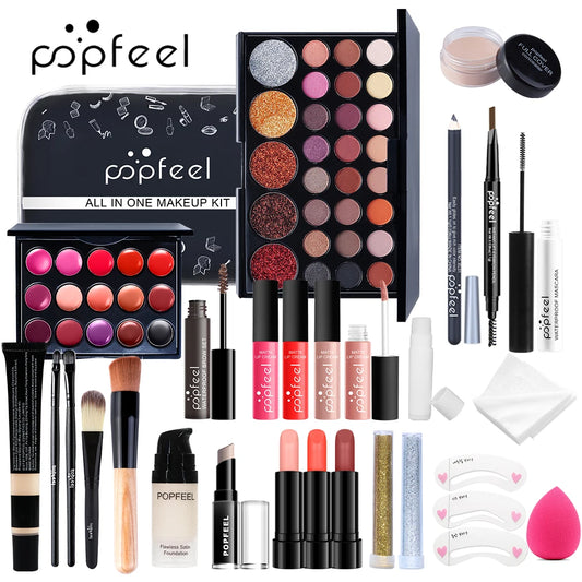 🎁 Coffret Maquillage Complet  All-in-One – Palette, Rouge à Lèvres, Fond de Teint & Accessoires