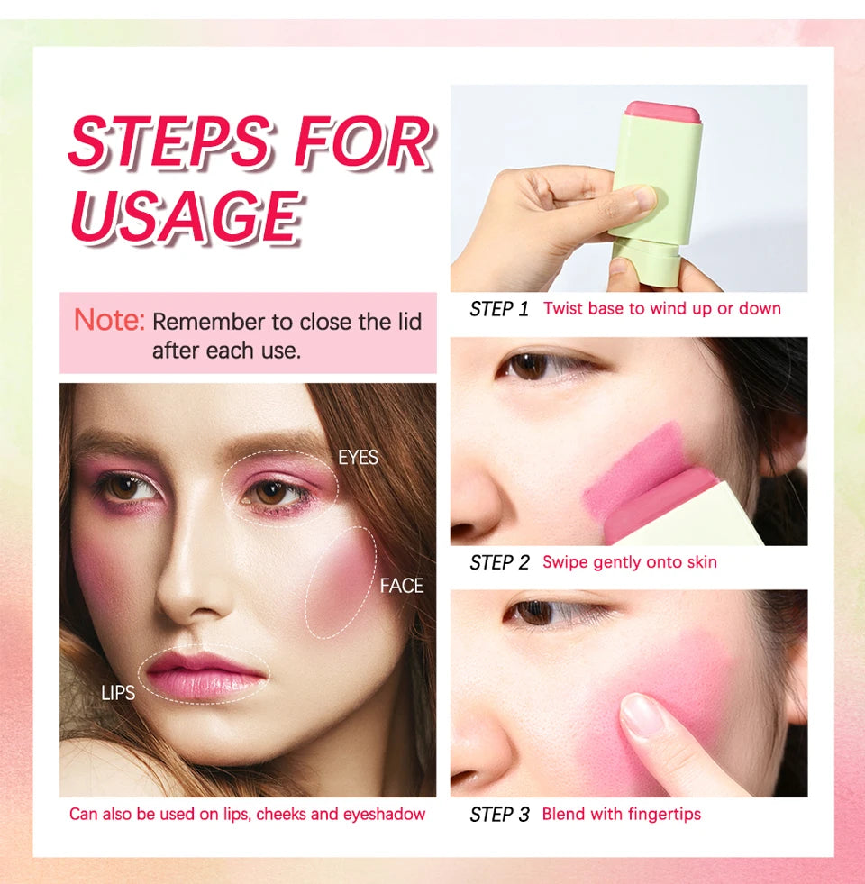 Blush Stick 3 Couleurs – Fard à Joues Crème Longue Tenue Multifonction (Lèvres, Joues & Paupières)