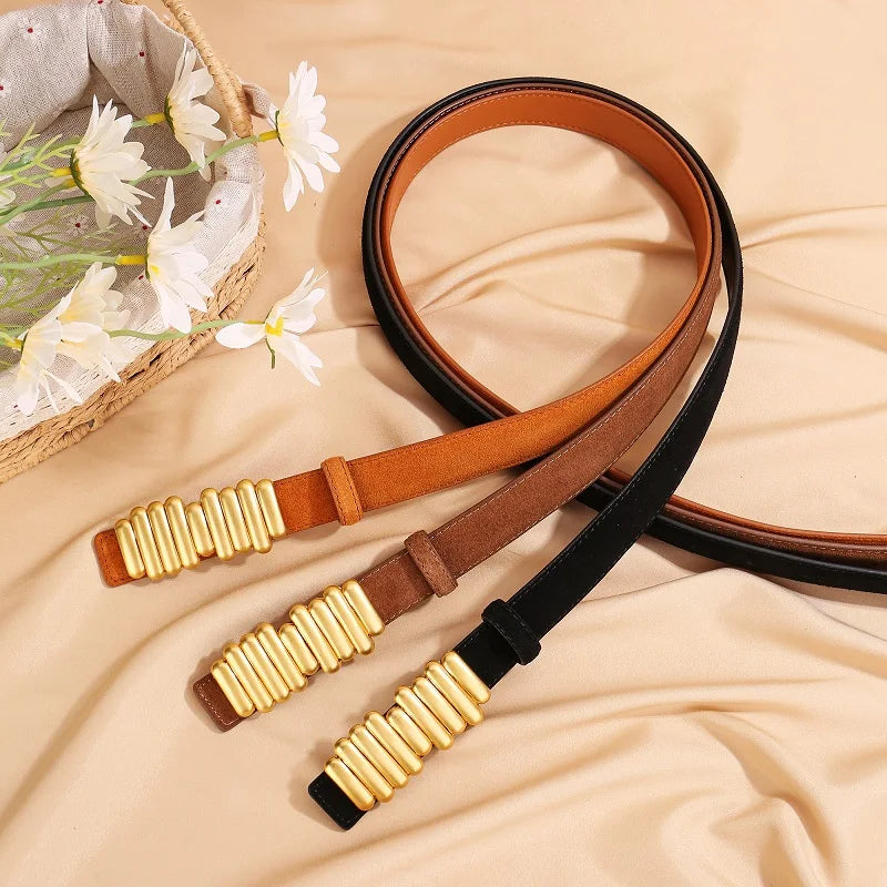 Ceinture Femme en Daim & Cuir Véritable – Boucle Dorée Élégante, Style Chic pour Robe ou Jean