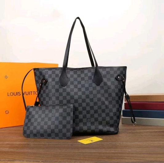 Sac cabas à motif damier – Grand fourre-tout avec pochette assortie, style chic
