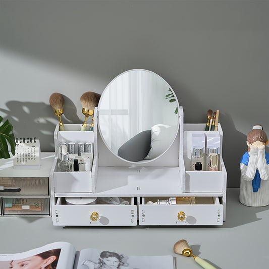 Organisateur de Maquillage avec Miroir Ovale – Boîte de Rangement à 2 Tiroirs pour Cosmétiques & Accessoires