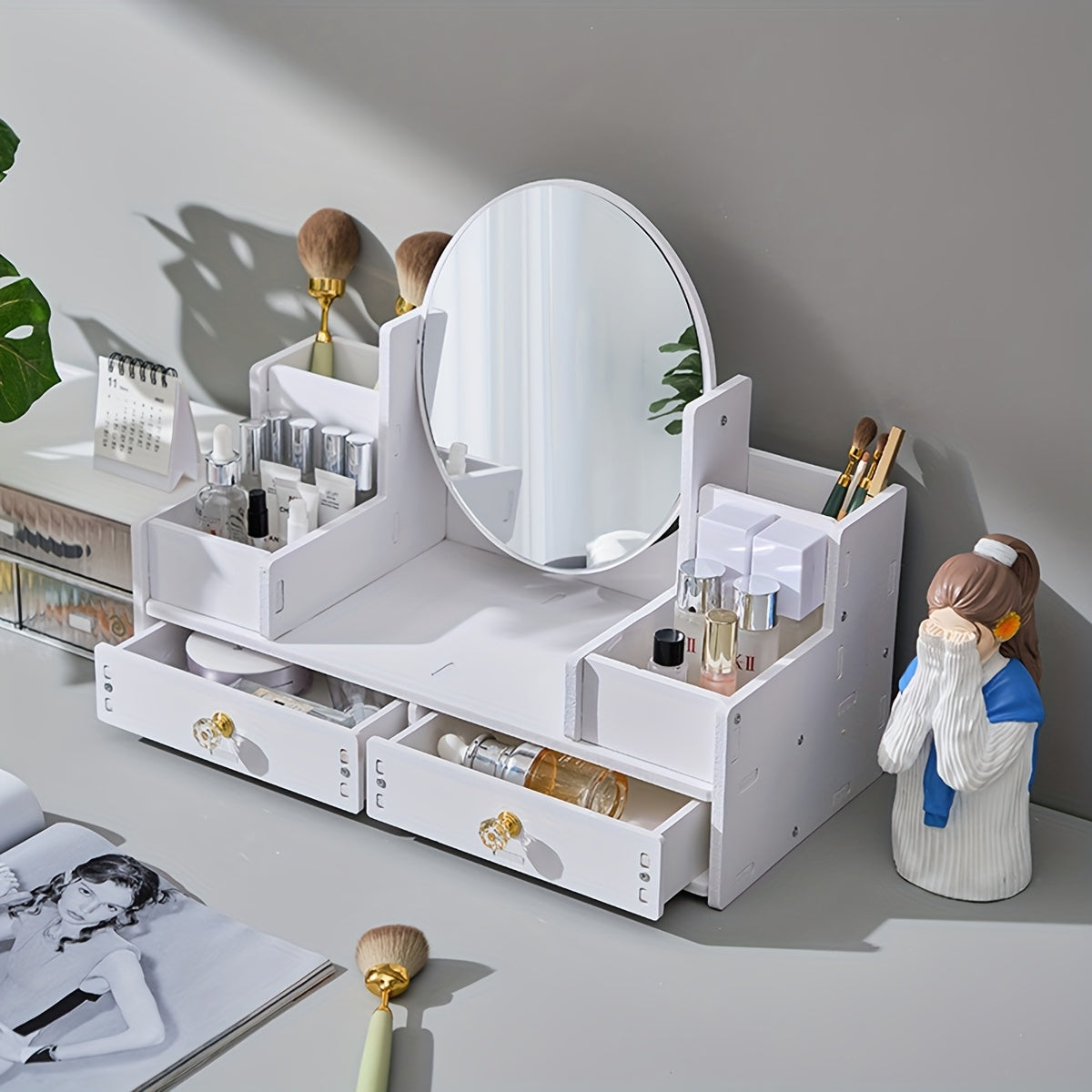 Organisateur de Maquillage avec Miroir Ovale – Boîte de Rangement à 2 Tiroirs pour Cosmétiques & Accessoires