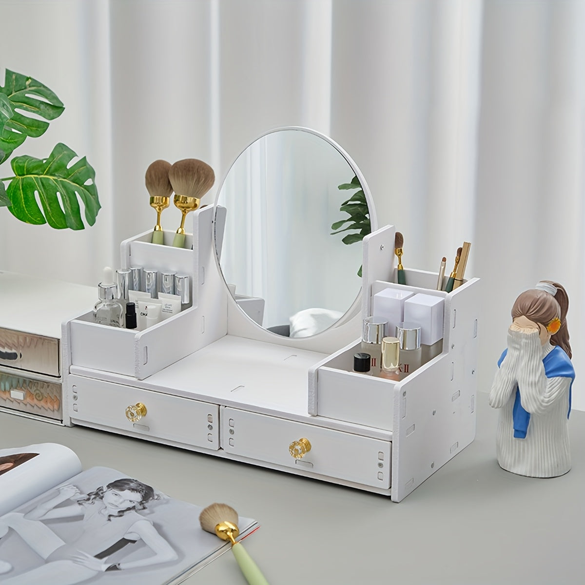 Organisateur de Maquillage avec Miroir Ovale – Boîte de Rangement à 2 Tiroirs pour Cosmétiques & Accessoires