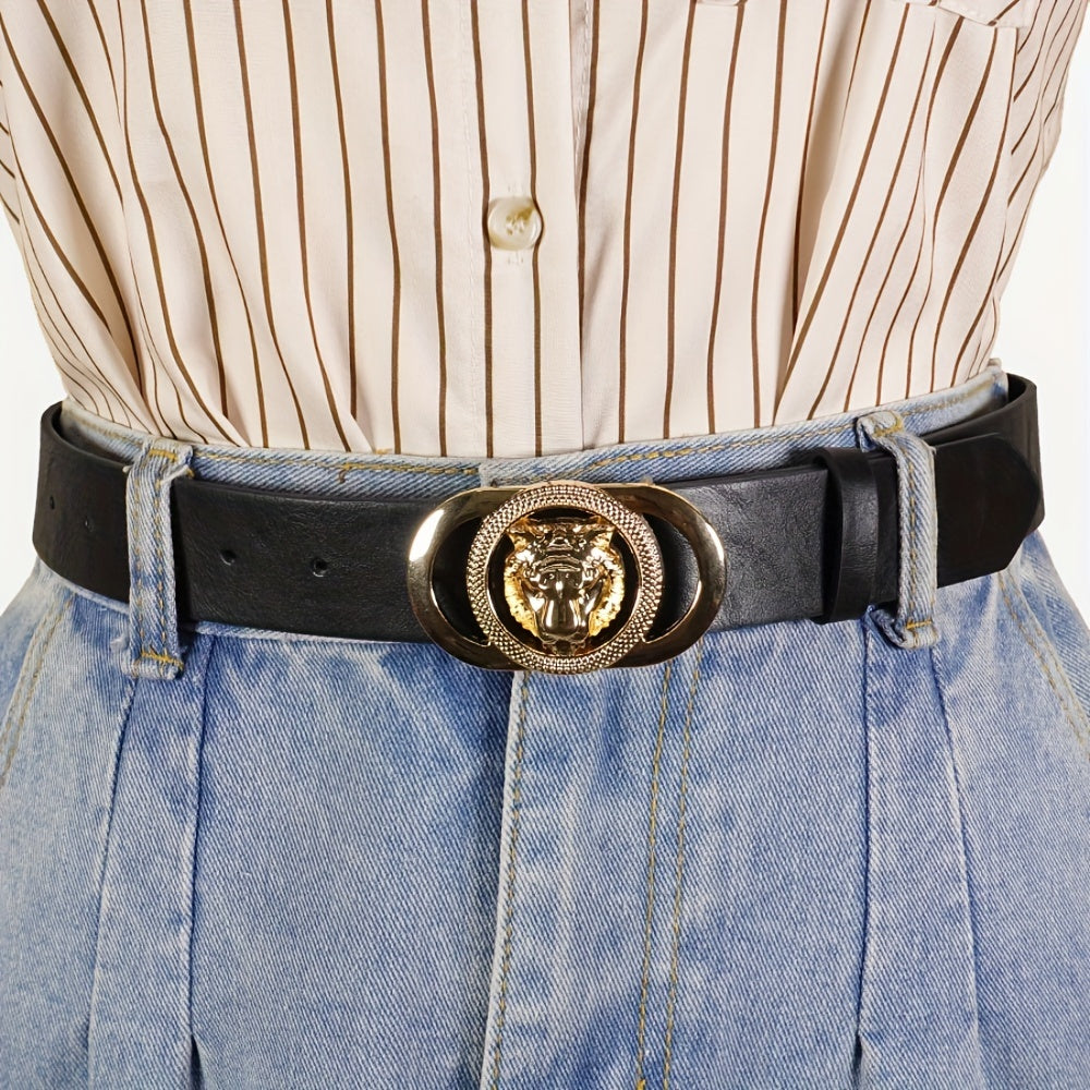 Ceinture femme noire – Boucle tête de lion dorée – Style vintage chic – Similicuir PU