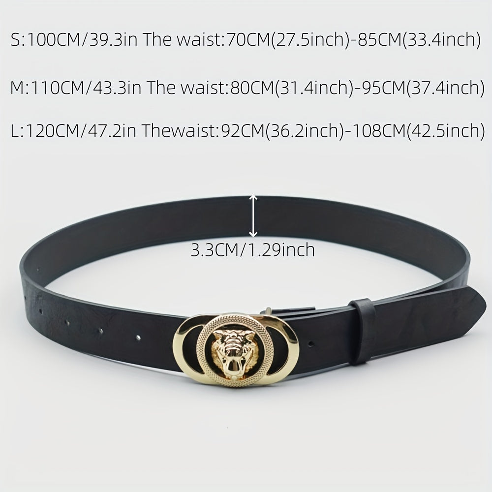 Ceinture femme noire – Boucle tête de lion dorée – Style vintage chic – Similicuir PU