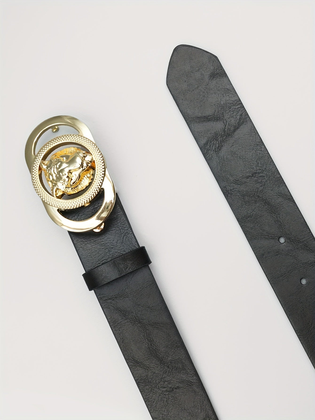 Ceinture femme noire – Boucle tête de lion dorée – Style vintage chic – Similicuir PU